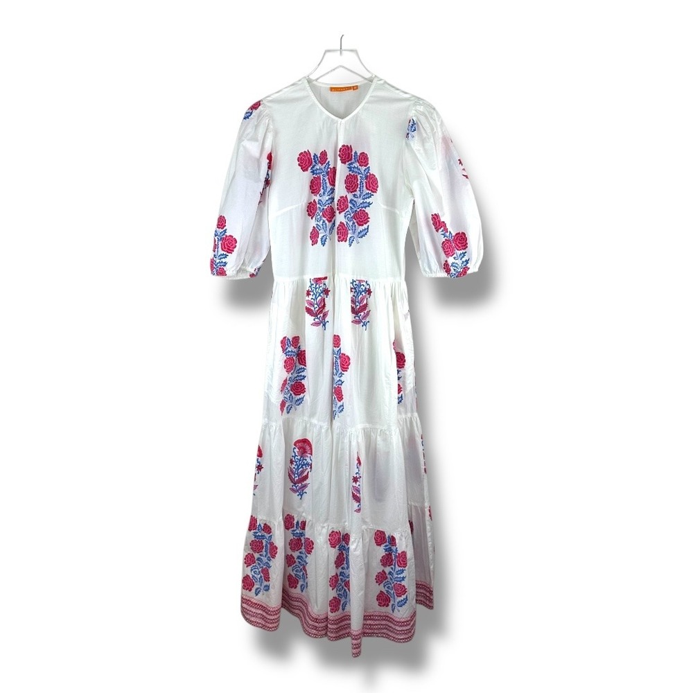 OLIPHANT Puff Maxi Dress‎ Verna Red  Blue Floral Tiered Skirt Puff Sleeve Cotton